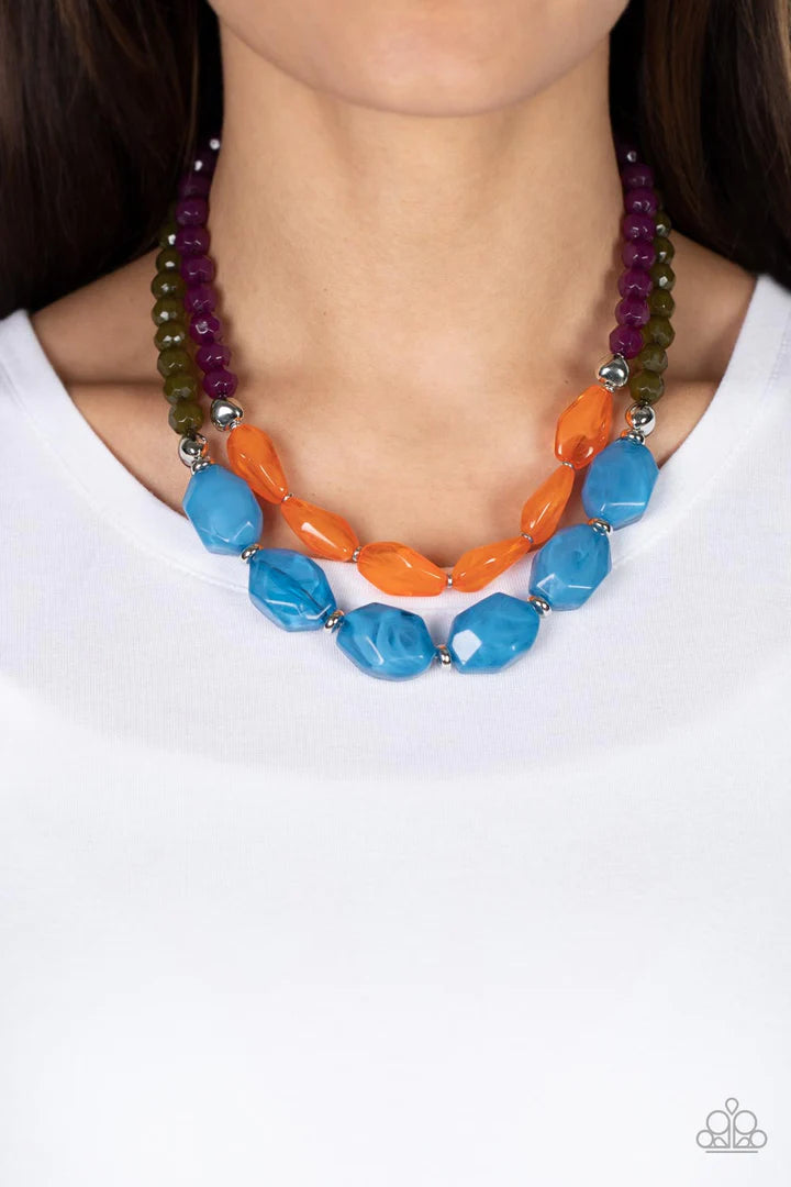 Handwoven Ribbon Necklace - Multicolor - Blue, Orange, Lavender, Silve